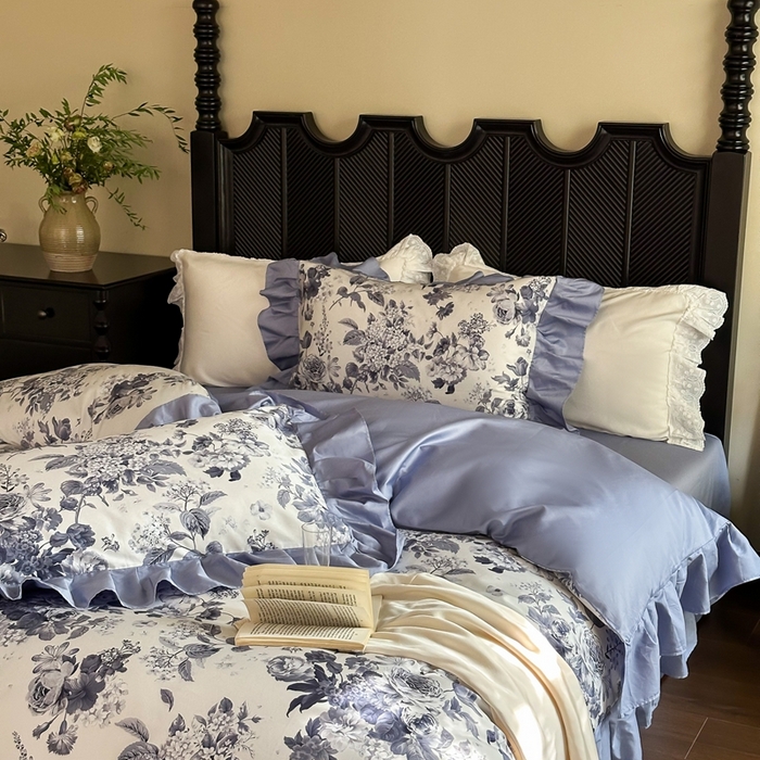 91家纺网 家纺一手货源 找家纺 （总）窝米 2024新款数码印花长绒棉100支花边款四件套-晚意