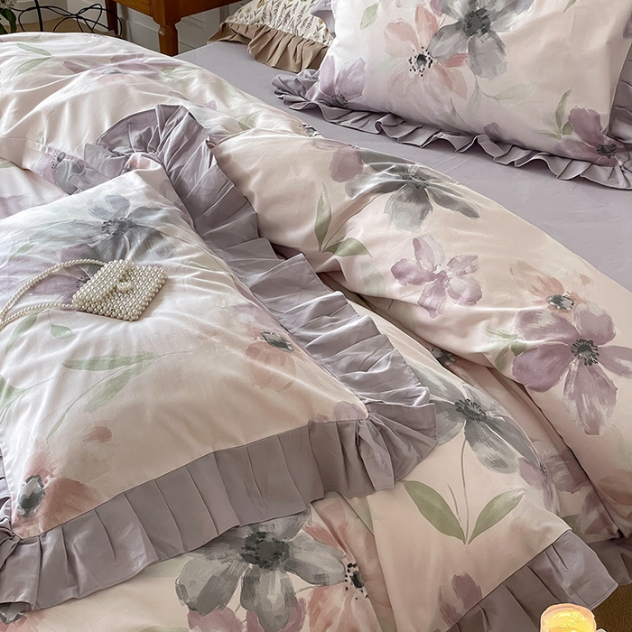 91家纺网 家纺一手货源 找家纺 窝米 2024新款全棉磨毛花边工艺款四件套 叶颜