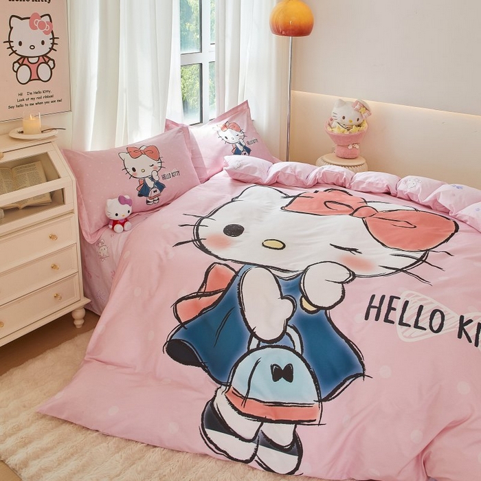 91家纺网 家纺一手货源 找家纺 蘭菲家纺 2024新款全棉大版卡通三丽鸥四件套 摩卡-粉