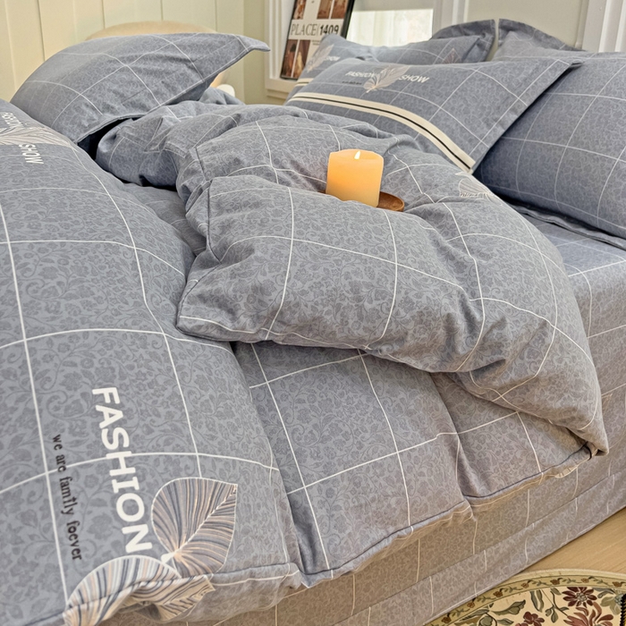 91家纺网 家纺一手货源 找家纺 品乐家纺 2024新款全棉生态棉印花磨毛四件套 叶语漫漫-灰