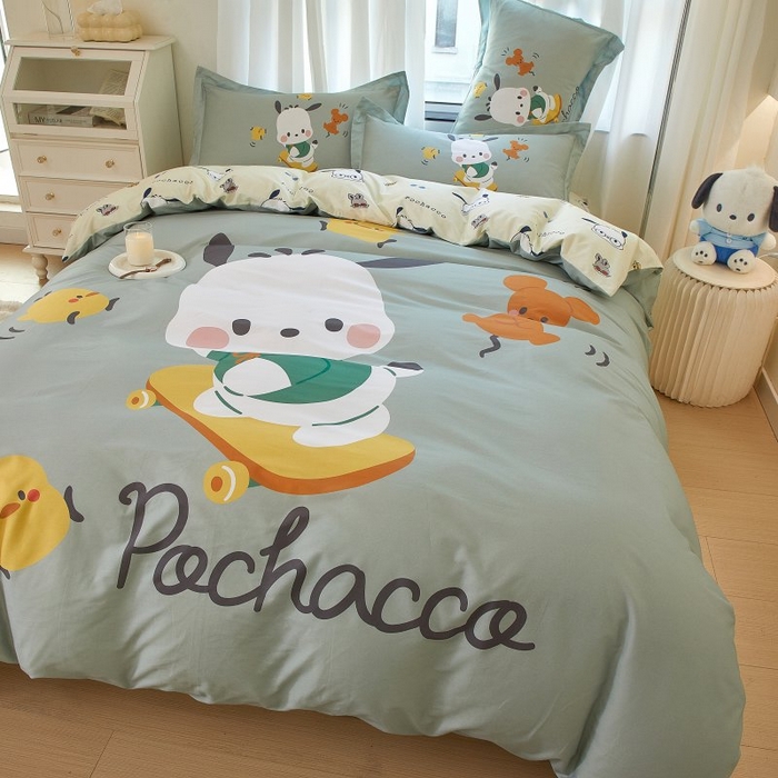 91家纺网 家纺一手货源 找家纺 蘭菲家纺 2024新款全棉大版卡通三丽鸥四件套 滑板恰恰