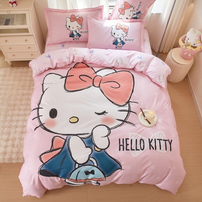 91家纺网 家纺一手货源 找家纺 蘭菲家纺 2024新款全棉大版卡通三丽鸥四件套 摩卡-粉