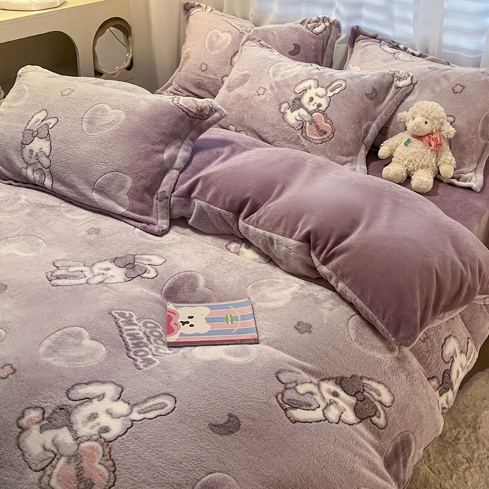 91家纺网 家纺一手货源 找家纺 韩巢家纺 2024新款加厚雪花绒印花四件套-风格一（提供卖家秀） 爱心免(紫)