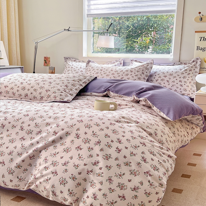 91家纺网 家纺一手货源 找家纺 品乐家纺 2024新款全棉生态棉印花磨毛四件套 花密语-紫