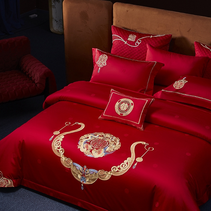 91家纺网 家纺一手货源 找家纺 高大尚 2025新品长绒棉提花唯美复古中式刺绣轻奢系列婚庆款多件套 锦绣未央