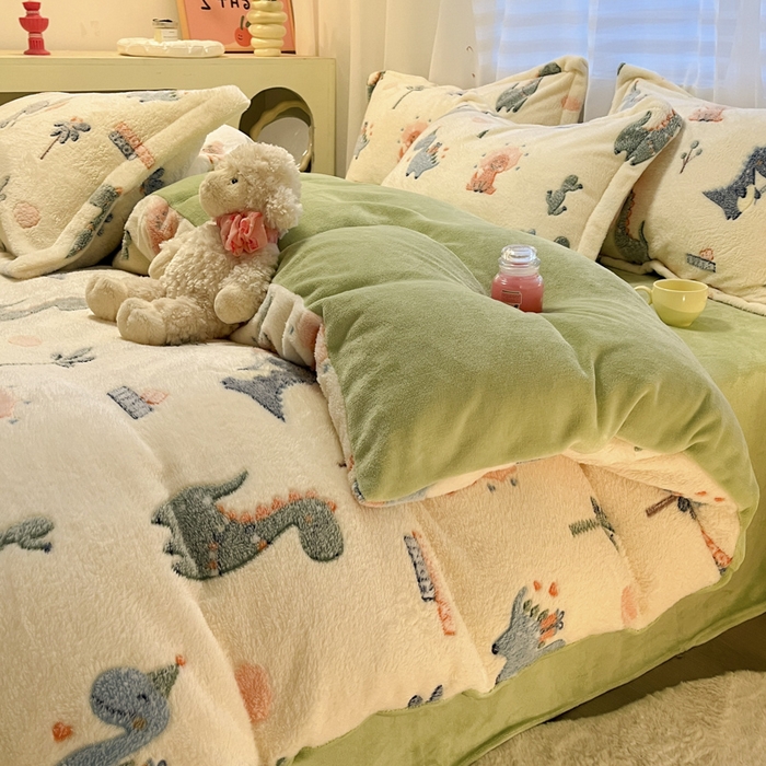 91家纺网 家纺一手货源 找家纺 韩巢家纺 2024新款加厚雪花绒印花四件套-风格一（提供卖家秀） 恐龙宝贝(绿)