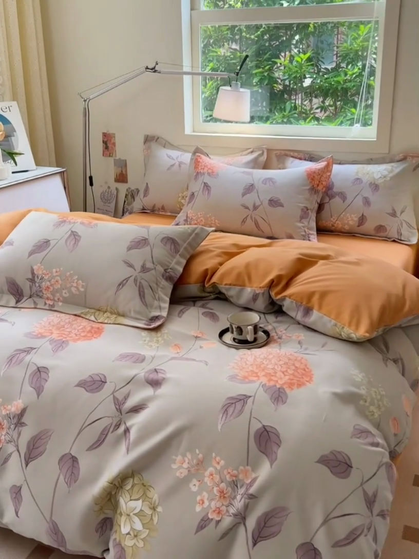 91家纺网 家纺一手货源 找家纺 品乐家纺 2024新款全棉生态棉印花磨毛四件套 挽香-灰