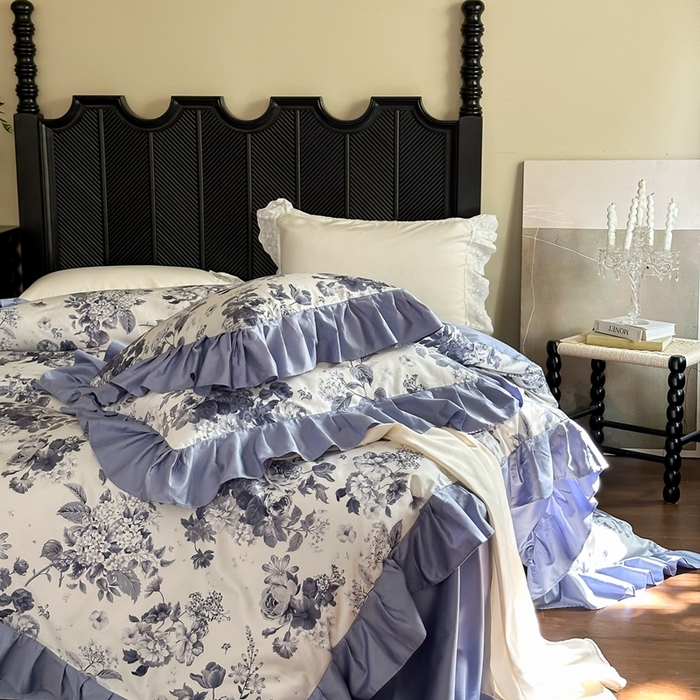 91家纺网 家纺一手货源 找家纺 （总）窝米 2024新款数码印花长绒棉100支花边款四件套-晚意