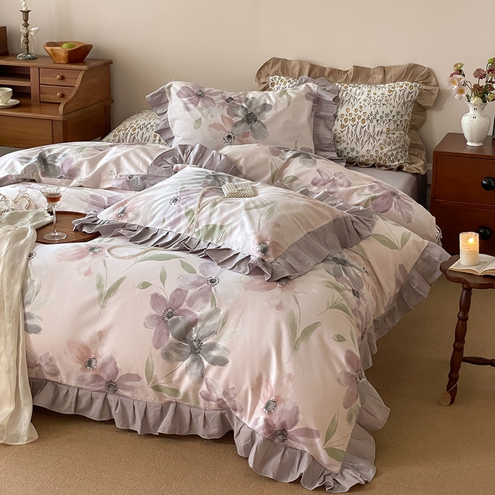 91家纺网 家纺一手货源 找家纺 窝米 2024新款全棉磨毛花边工艺款四件套 叶颜