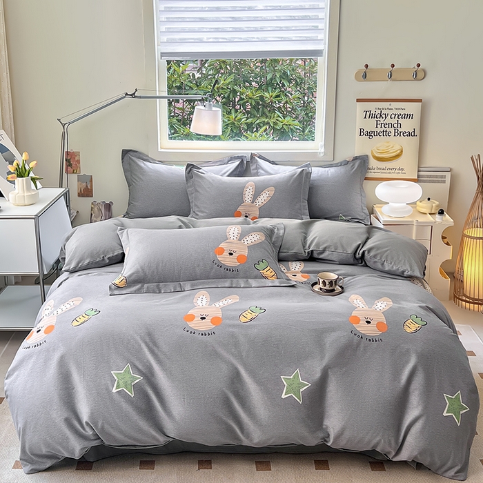 91家纺网 家纺一手货源 找家纺 品乐家纺 2024新款全棉生态棉印花磨毛四件套 可可兔-灰