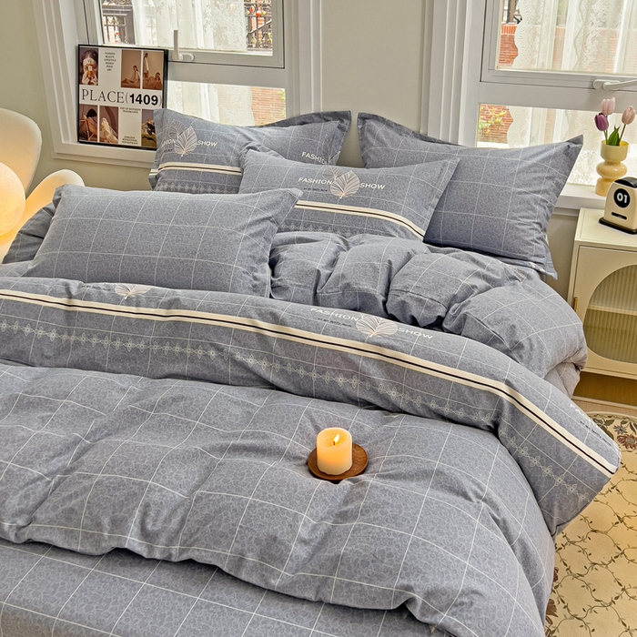 91家纺网 家纺一手货源 找家纺 品乐家纺 2024新款全棉生态棉印花磨毛四件套 叶语漫漫-灰