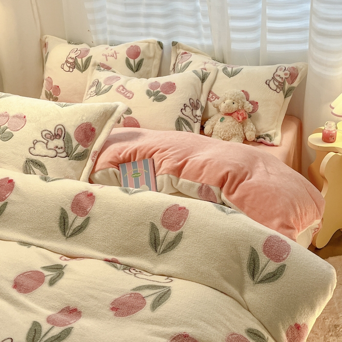 91家纺网 家纺一手货源 找家纺 韩巢家纺 2024新款加厚雪花绒印花四件套-风格一（提供卖家秀） 郁金香