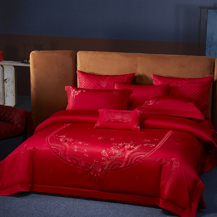 91家纺网 家纺一手货源 找家纺 高大尚 2025新品长绒棉提花唯美复古中式刺绣轻奢系列婚庆款多件套 福气满满-红