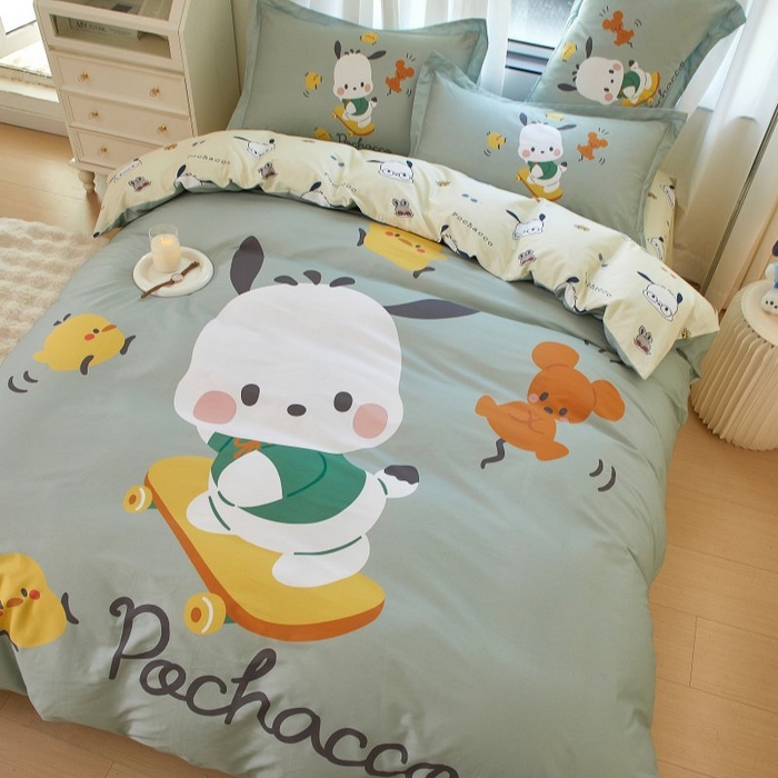 91家纺网 家纺一手货源 找家纺 蘭菲家纺 2024新款全棉大版卡通三丽鸥四件套 滑板恰恰