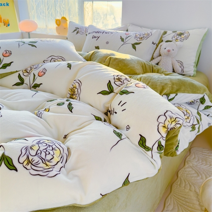 91家纺网 家纺一手货源 找家纺 灰鲸 2025新款牛奶绒小清新印花四件套 落日晚风