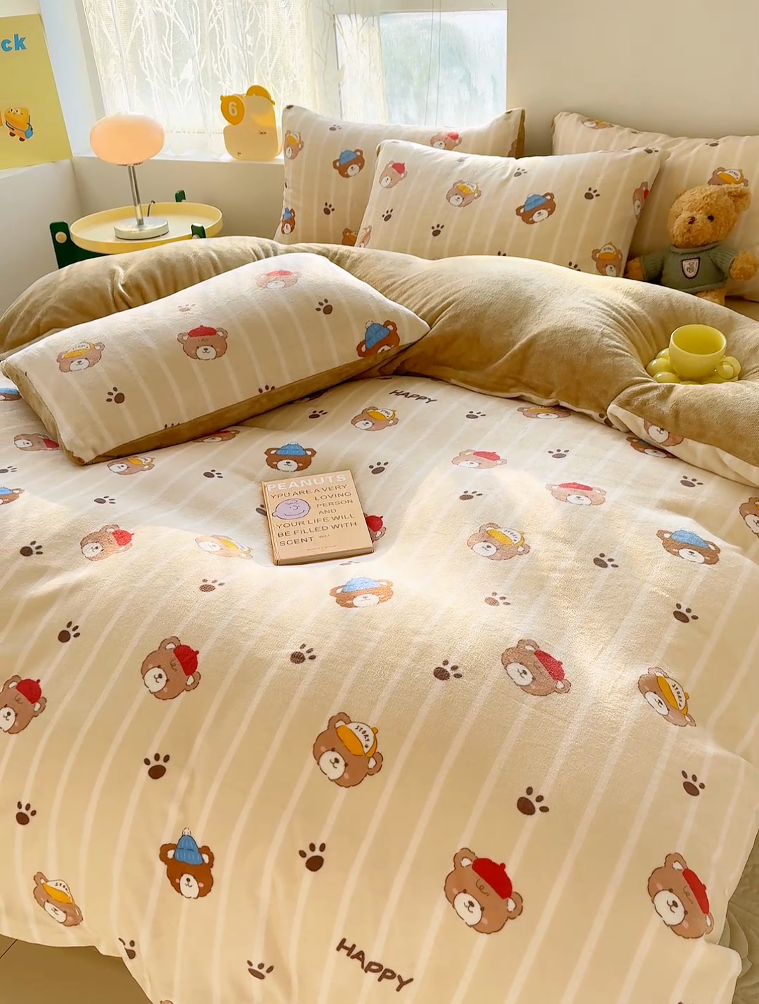 91家纺网 家纺一手货源 找家纺 灰鲸 2025新款牛奶绒小清新印花四件套 快乐小熊