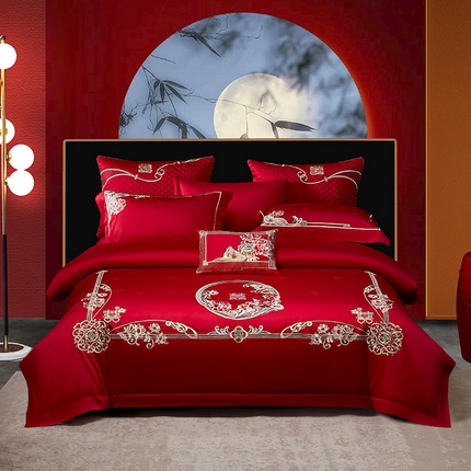 91家纺网 家纺一手货源 找家纺 高大尚 2025新品长绒棉提花唯美复古中式刺绣轻奢系列婚庆款多件套 同心合意