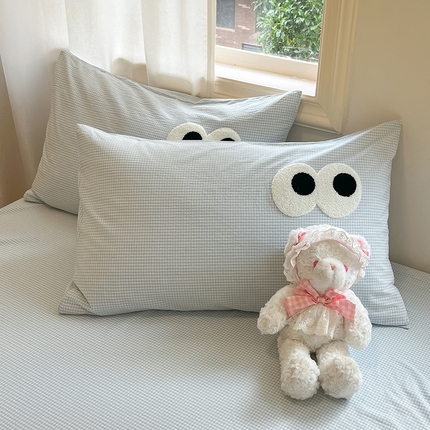 桃子 2024新款ins纯棉色织水洗毛巾绣大眼仔单枕套 色织水洗棉-大眼仔小蓝格