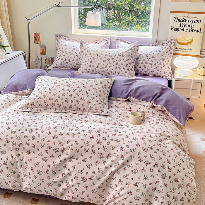 91家纺网 家纺一手货源 找家纺 品乐家纺 2024新款全棉生态棉印花磨毛四件套 花密语-紫