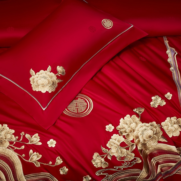 91家纺网 家纺一手货源 找家纺 高大尚 2025新品长绒棉提花唯美复古中式刺绣轻奢系列婚庆款多件套 福气满满-金