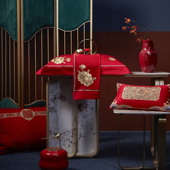 91家纺网 家纺一手货源 找家纺 高大尚 2025新品长绒棉提花唯美复古中式刺绣轻奢系列婚庆款多件套 福气满满-金