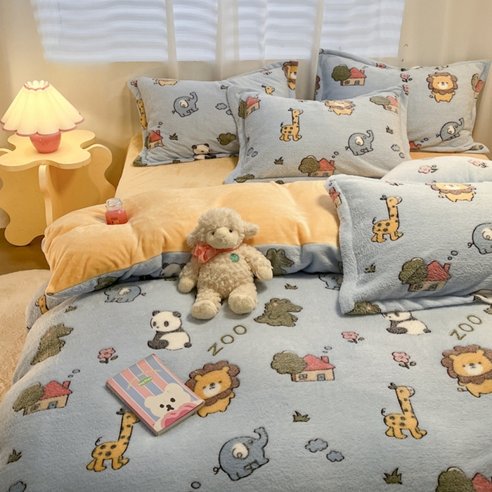 91家纺网 家纺一手货源 找家纺 韩巢家纺 2024新款加厚雪花绒印花四件套-风格一（提供卖家秀） 动物世界