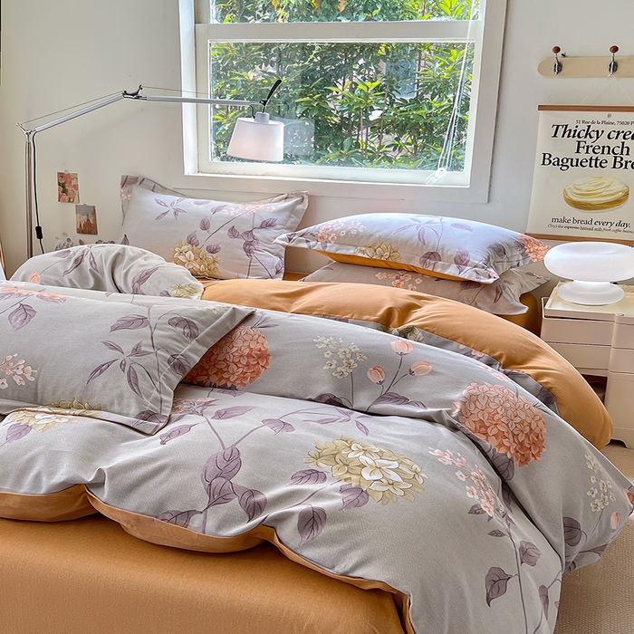 91家纺网 家纺一手货源 找家纺 品乐家纺 2024新款全棉生态棉印花磨毛四件套 挽香-灰