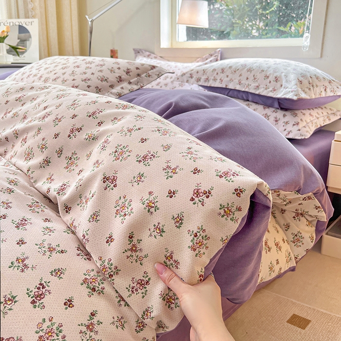 91家纺网 家纺一手货源 找家纺 品乐家纺 2024新款全棉生态棉印花磨毛四件套 花密语-紫