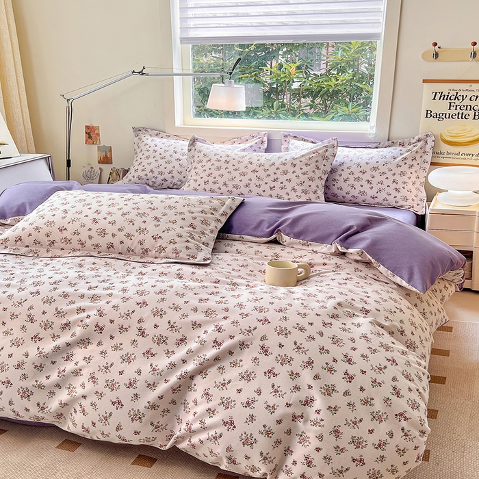 91家纺网 家纺一手货源 找家纺 品乐家纺 2024新款全棉生态棉印花磨毛四件套 花密语-紫