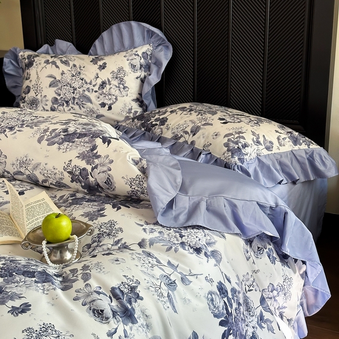 91家纺网 家纺一手货源 找家纺 （总）窝米 2024新款数码印花长绒棉100支花边款四件套-晚意