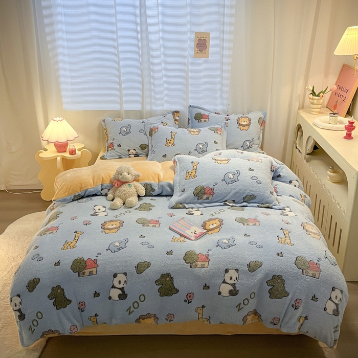 91家纺网 家纺一手货源 找家纺 韩巢家纺 2024新款加厚雪花绒印花单件被套-风格一（提供卖家秀 ） 动物世界