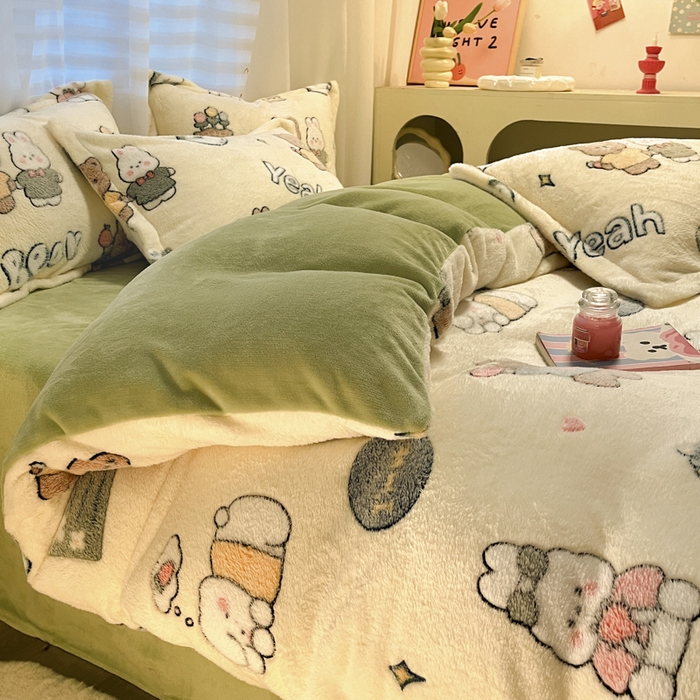 91家纺网 家纺一手货源 找家纺 韩巢家纺 2024新款加厚雪花绒印花四件套-风格一（提供卖家秀） 快乐心情