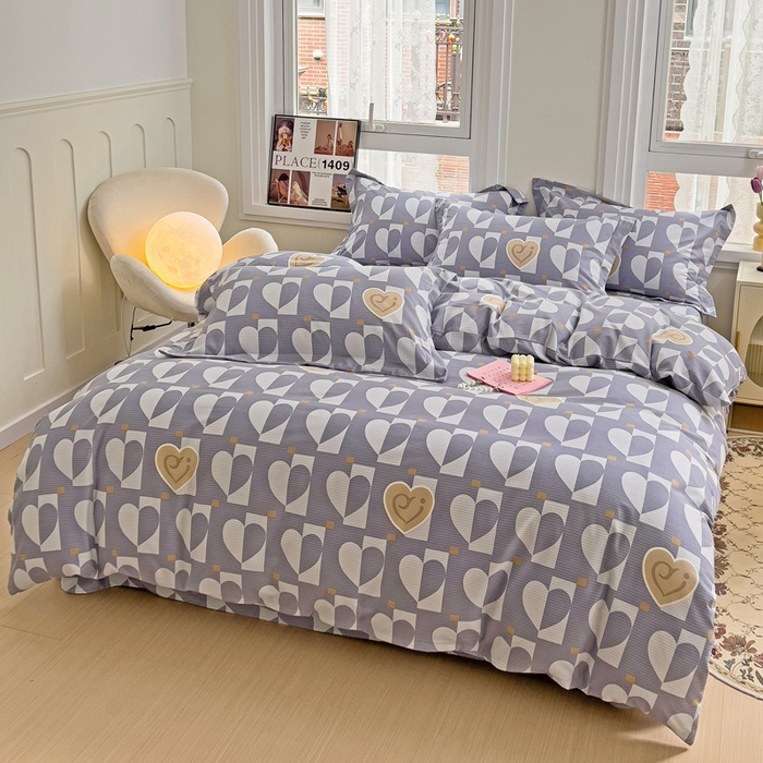 91家纺网 家纺一手货源 找家纺 品乐家纺 2024新款全棉生态棉印花磨毛四件套 妙恋-灰