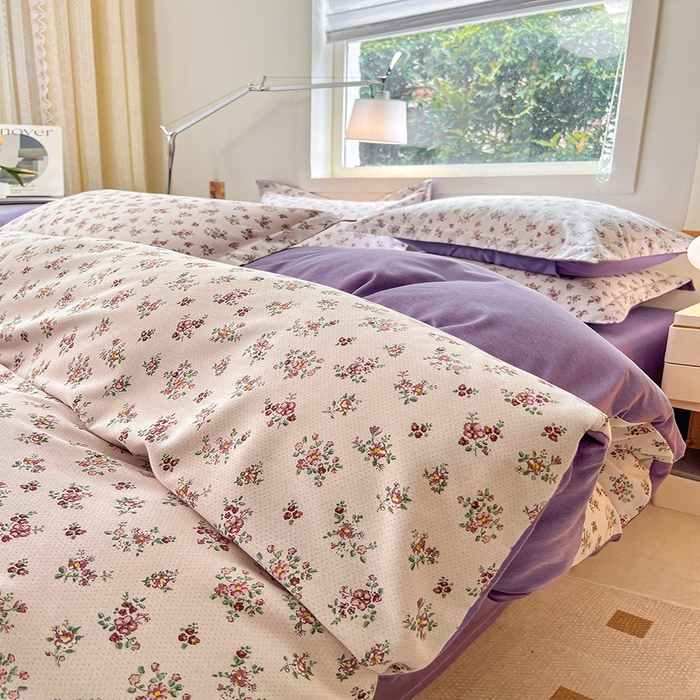 91家纺网 家纺一手货源 找家纺 品乐家纺 2024新款全棉生态棉印花磨毛四件套 花密语-紫