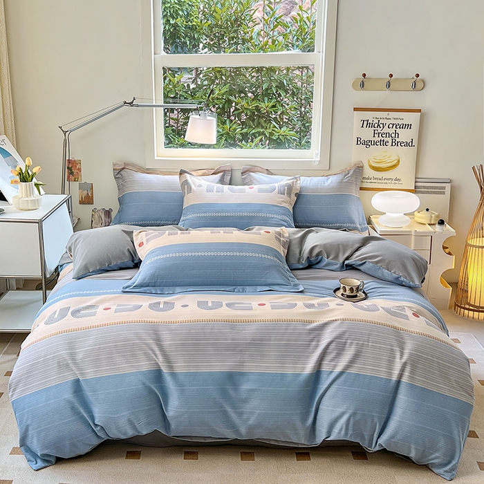 91家纺网 家纺一手货源 找家纺 品乐家纺 2024新款全棉生态棉印花磨毛四件套 欧比亚-蓝