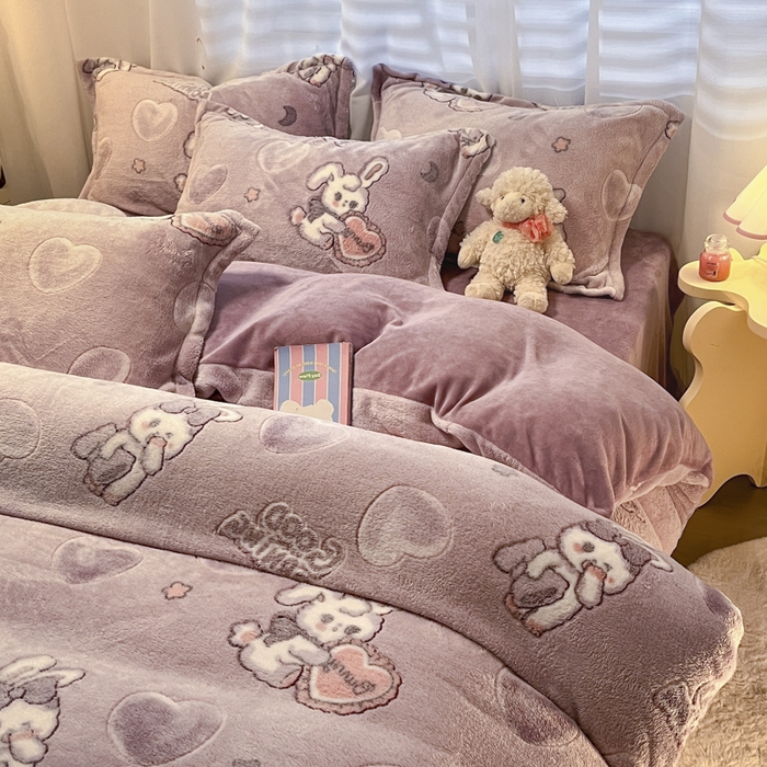 91家纺网 家纺一手货源 找家纺 韩巢家纺 2024新款加厚雪花绒印花四件套-风格一（提供卖家秀） 爱心免(紫)