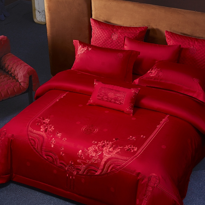 91家纺网 家纺一手货源 找家纺 高大尚 2025新品长绒棉提花唯美复古中式刺绣轻奢系列婚庆款多件套 福气满满-红