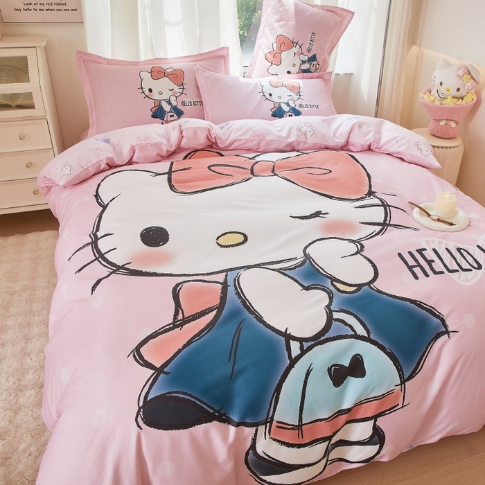 91家纺网 家纺一手货源 找家纺 蘭菲家纺 2024新款全棉大版卡通三丽鸥四件套 摩卡-粉