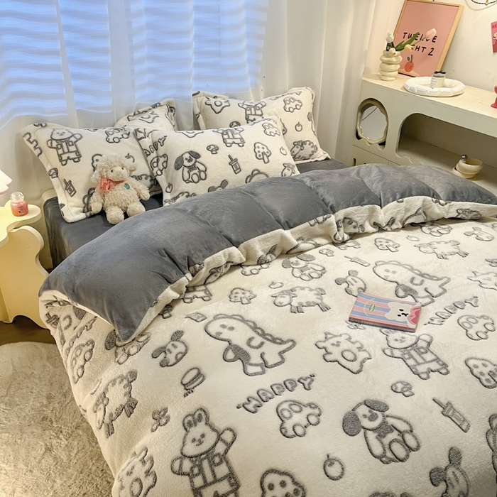 91家纺网 家纺一手货源 找家纺 韩巢家纺 2024新款加厚雪花绒印花四件套-风格一（提供卖家秀） 灰色轨迹