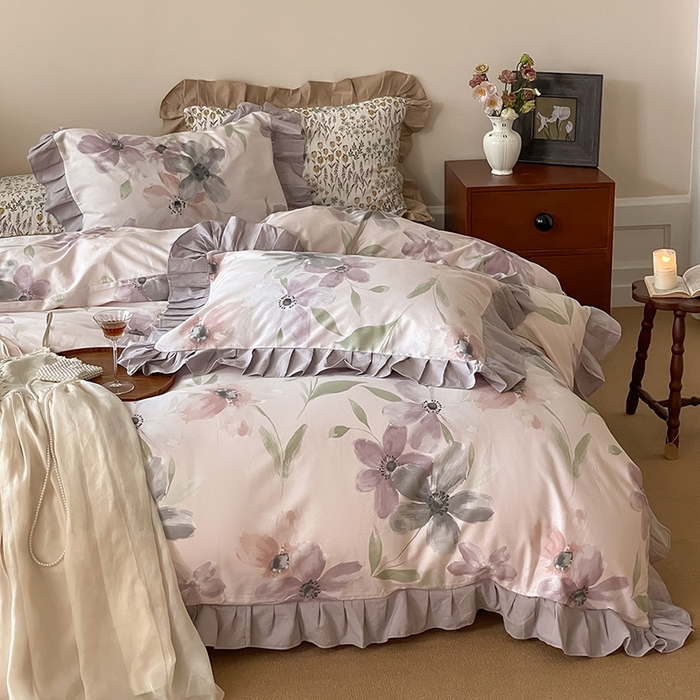 91家纺网 家纺一手货源 找家纺 窝米 2024新款全棉磨毛花边工艺款四件套 叶颜