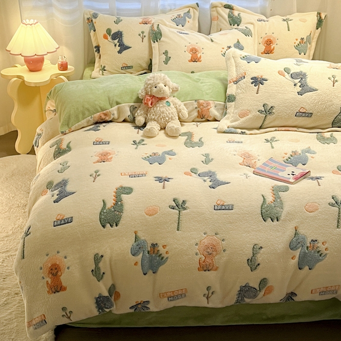 91家纺网 家纺一手货源 找家纺 韩巢家纺 2024新款加厚雪花绒印花四件套-风格一（提供卖家秀） 恐龙宝贝(绿)