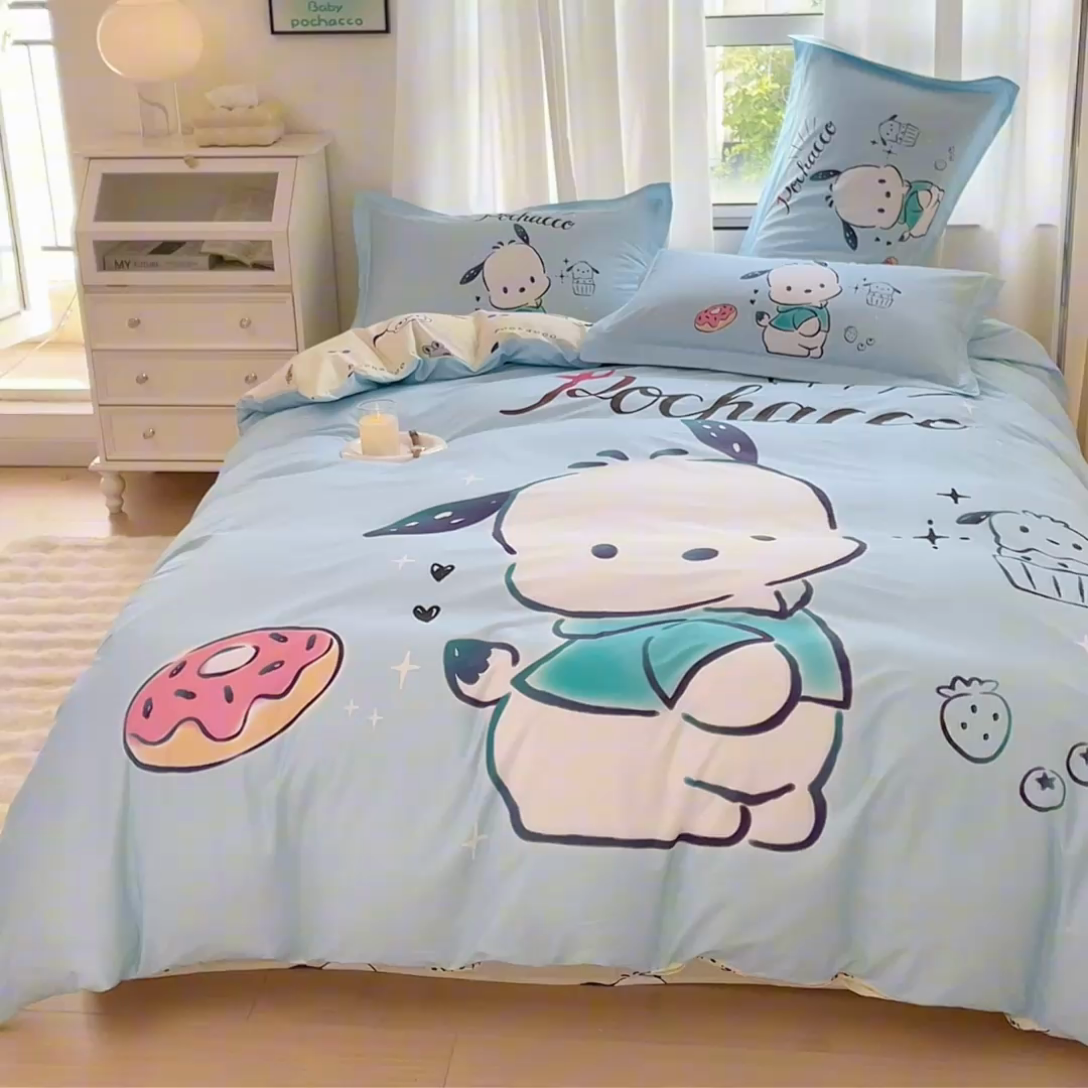 91家纺网 家纺一手货源 找家纺 蘭菲家纺 2024新款全棉大版卡通三丽鸥四件套 恰恰-蓝