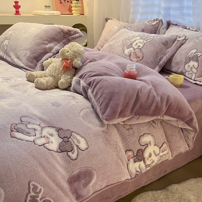 91家纺网 家纺一手货源 找家纺 韩巢家纺 2024新款加厚雪花绒印花四件套-风格一（提供卖家秀） 爱心免(紫)