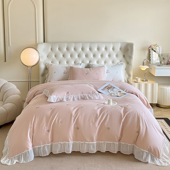 91家纺网 家纺一手货源 找家纺 理想家家纺 2024新款全棉轻奢刺绣四件套-花韵 花韵-粉