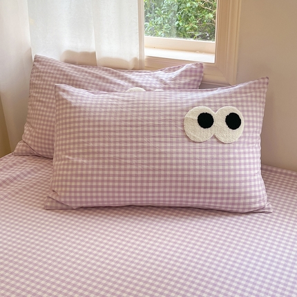 桃子 2024新款ins纯棉色织水洗毛巾绣大眼仔单枕套 色织水洗棉-大眼仔紫格