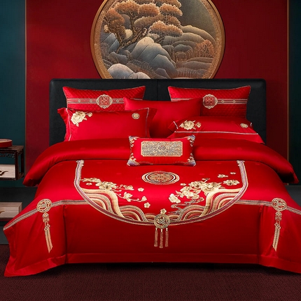 91家纺网 家纺一手货源 找家纺 （总）高大尚 2025新品长绒棉提花唯美复古中式刺绣轻奢系列婚庆款多件套