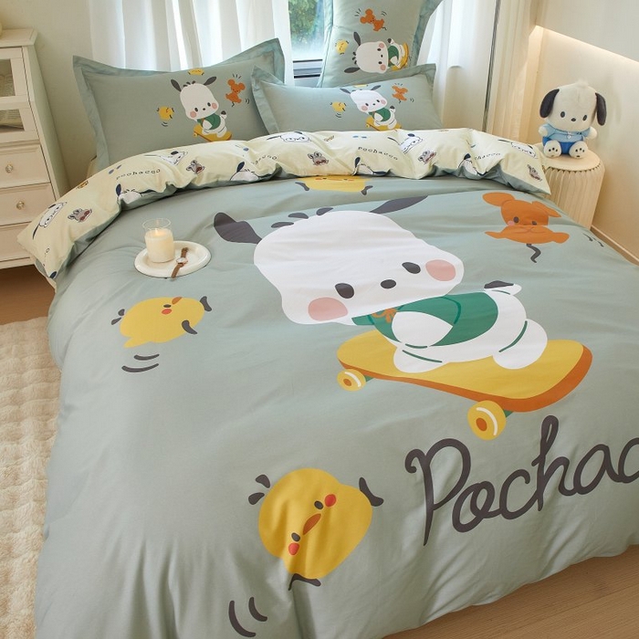 91家纺网 家纺一手货源 找家纺 蘭菲家纺 2024新款全棉大版卡通三丽鸥四件套 滑板恰恰