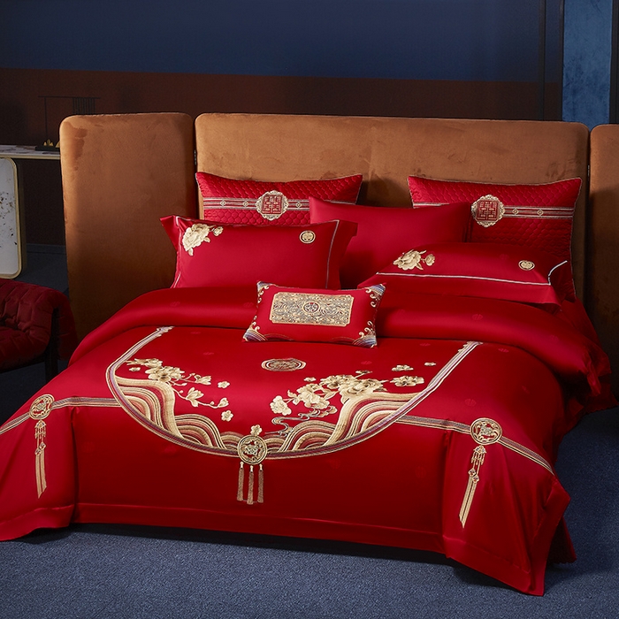 91家纺网 家纺一手货源 找家纺 高大尚 2025新品长绒棉提花唯美复古中式刺绣轻奢系列婚庆款多件套 福气满满-金