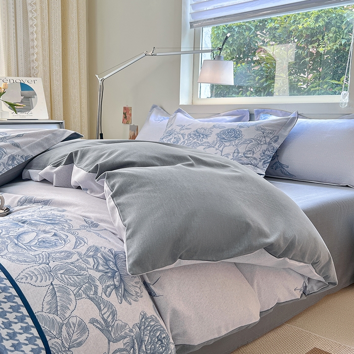 91家纺网 家纺一手货源 找家纺 品乐家纺 2024新款全棉生态棉印花磨毛四件套 温妮莎-蓝