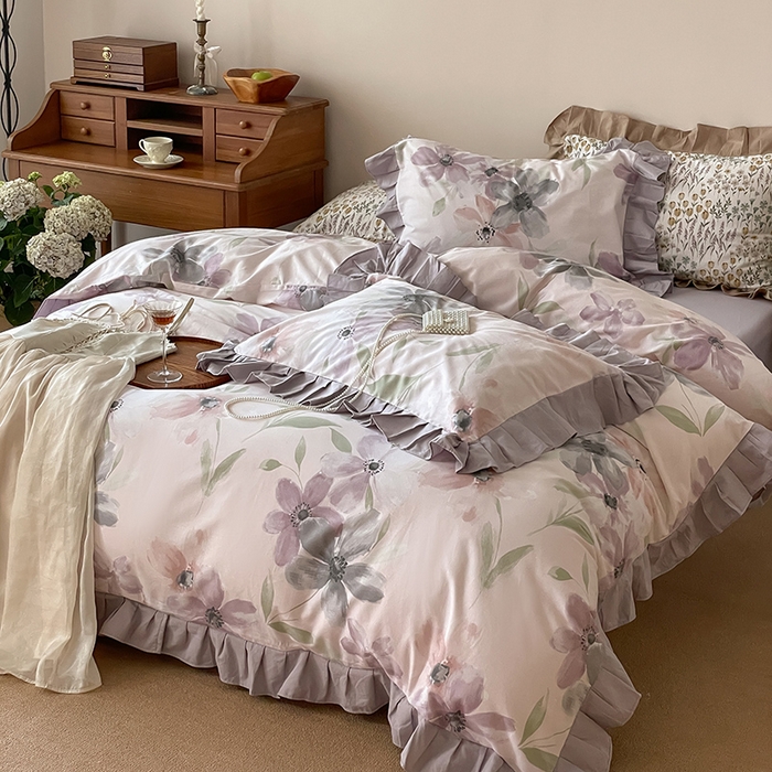 91家纺网 家纺一手货源 找家纺 窝米 2024新款全棉磨毛花边工艺款四件套 叶颜